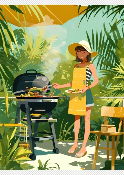 户外烧烤的卡通美女夏天主题AI插画