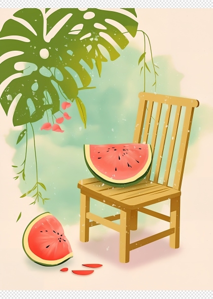 木椅上的西瓜夏天清凉风AI插画素材