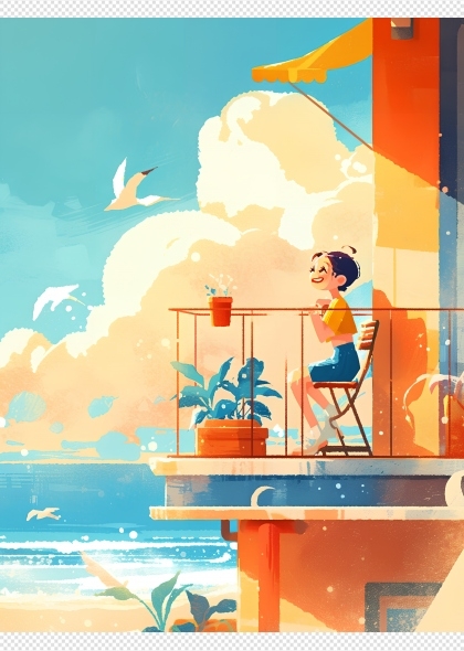 油画风海边阳台欣赏风景的女孩AI插画