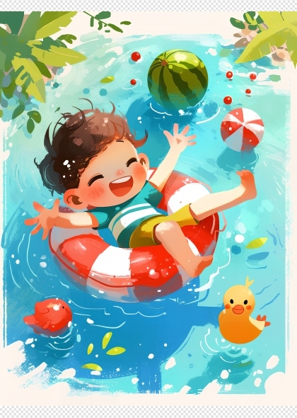 泳池游泳圈上玩耍的男孩夏日清凉AI插画