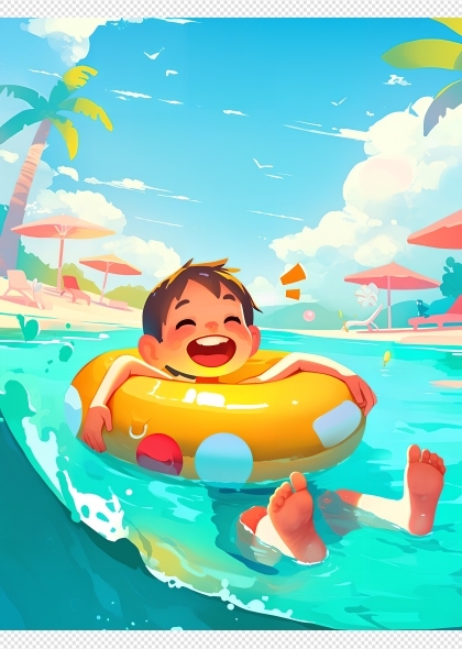 泳池里开心玩耍的少年夏天主题AI插画