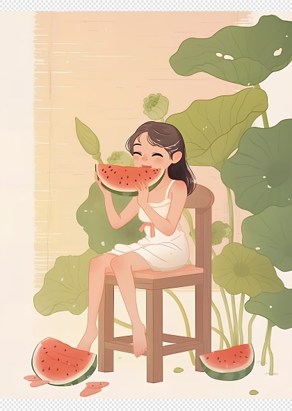 荷叶边椅子上吃西瓜的女生夏天解暑场景AI插画