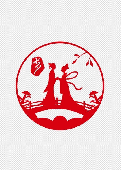 中国风七夕情人节牛郎织女红色圆形剪纸元素素材