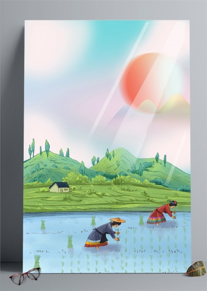 二十四節(jié)氣芒種田園風(fēng)光農(nóng)民插秧勞作場(chǎng)景插畫(huà)背景