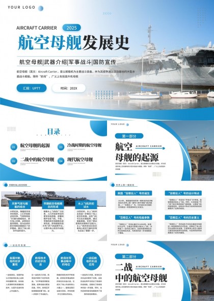 航空母舰发展史军事战斗国防宣传PPT模板
