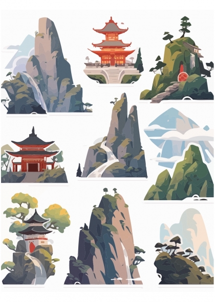 传统中式建筑山水景观矢量插画合集