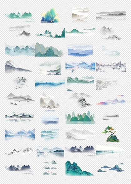 水墨山峰国潮山水免抠背景PNG元素合集