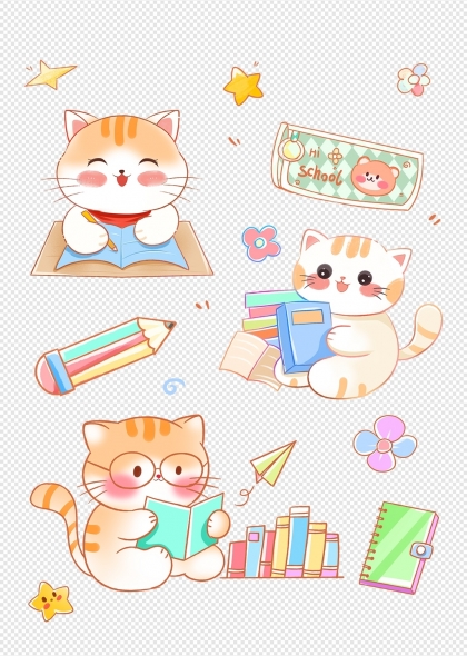可爱卡通猫咪学习主题插画设计元素