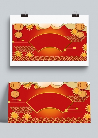 灯笼扇子花纹边框红黄新年边框背景
