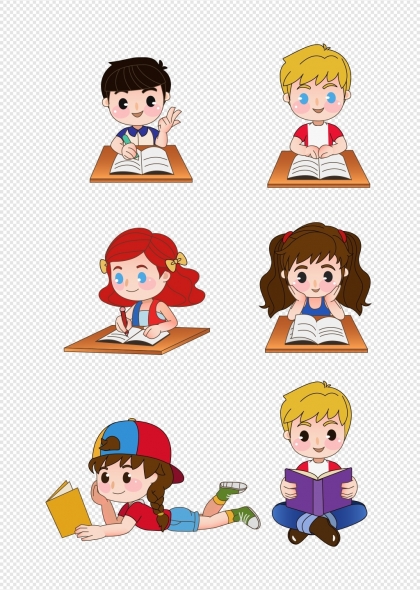 可爱卡通男女学生读书学习矢量插画