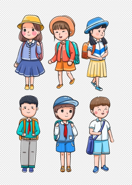 男女童学校制服背书包上学的小孩插画合集