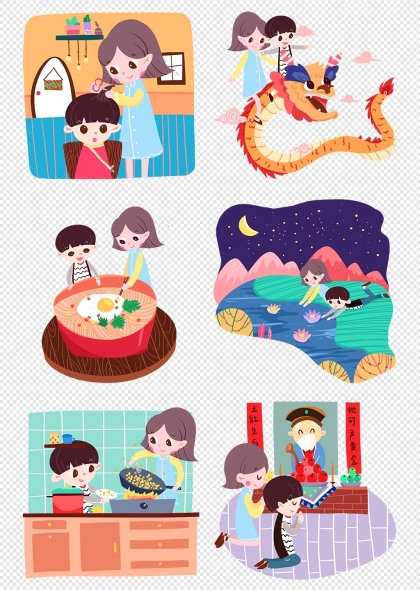 龙抬头节日家庭活动剃龙头吃龙食插画