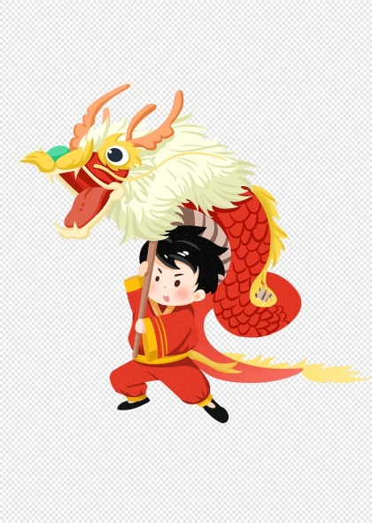 中国新年舞龙表演舞龙男孩插画