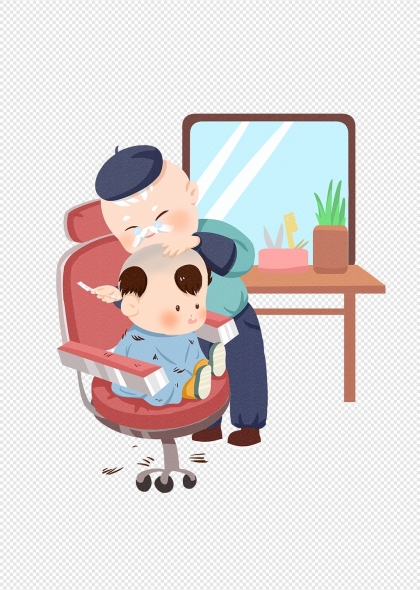 龙抬头卡通风儿童剪发场景插画