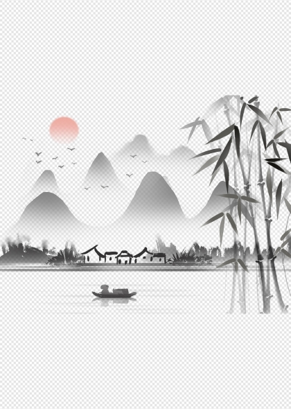 山水竹影夕阳归舟水墨画背景元素