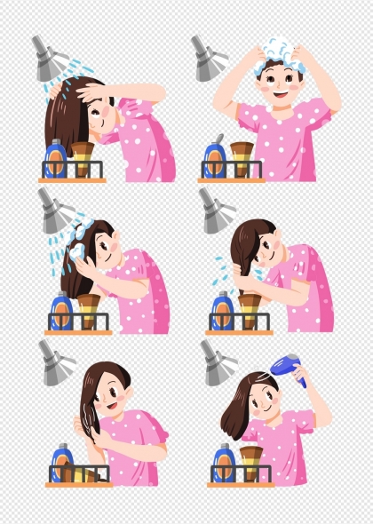 女性系统头发护理六步骤PNG插画元素