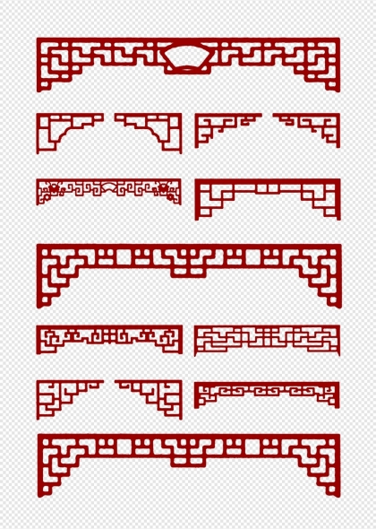 古典窗花图案红色边框装饰元素