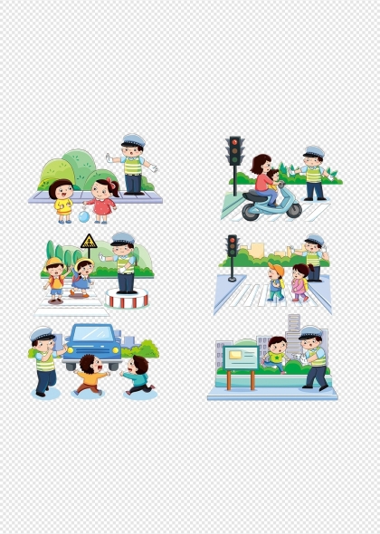 交通安全教育儿童行人车辆交警互动卡通插画