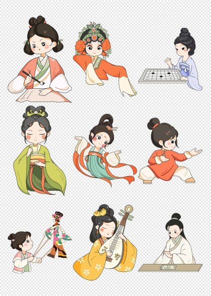 手绘古装女子传统非遗文化项目元素