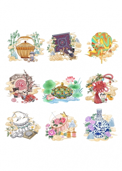 刺绣青花瓷漆扇传统工笔插画非遗文化元素
