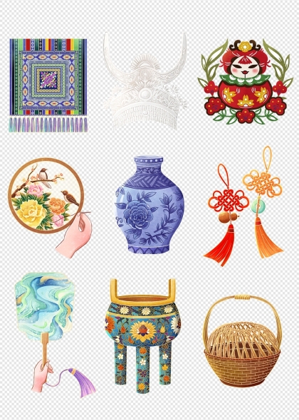 中国结苏绣剪纸漆扇国潮风非遗文化插画元素