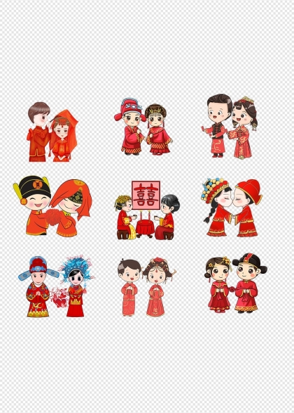 中式婚禮卡通人物形象設(shè)計(jì)傳統(tǒng)婚俗插畫