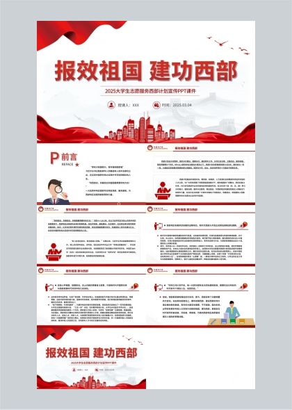 報效祖國建功西部大學(xué)生志愿服務(wù)西部計劃宣傳PPT模板