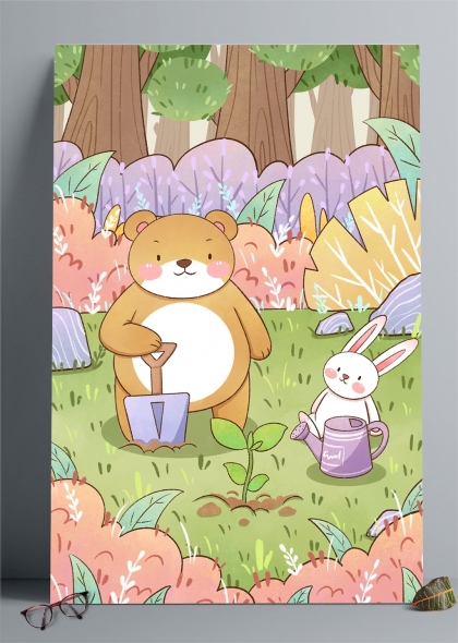 森林里的小熊和兔子春天种植插画背景