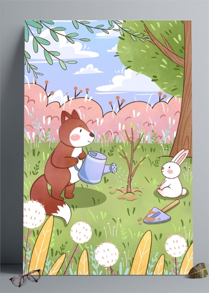 春天花园里的小狐狸和小白兔插画背景