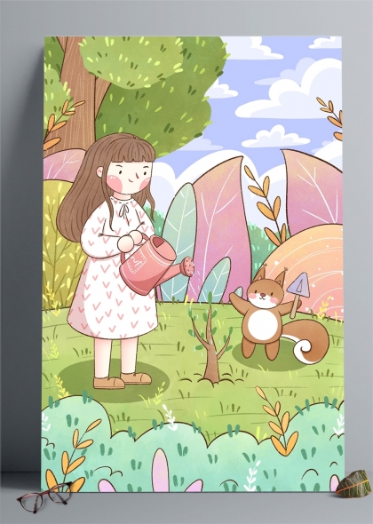 小女孩与小狐狸在森林中浇花春天插画背景