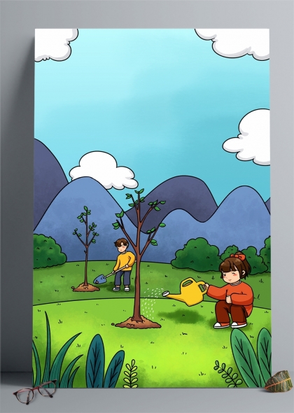 孩子们在山间植树护绿插画背景