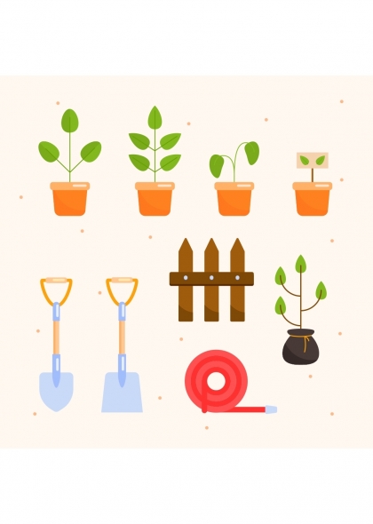 园艺工具与植物盆栽花园设计免抠元素