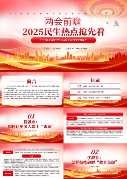 两会前瞻2025民生热点抢先看就业教育养老PPT模板