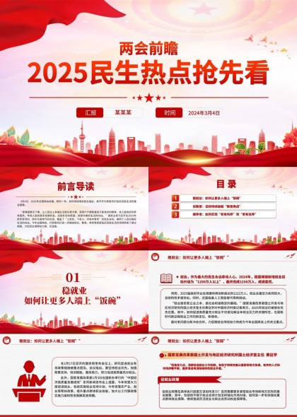 两会前瞻2025民生热点抢先看稳就业优教育暖养老PPT模板