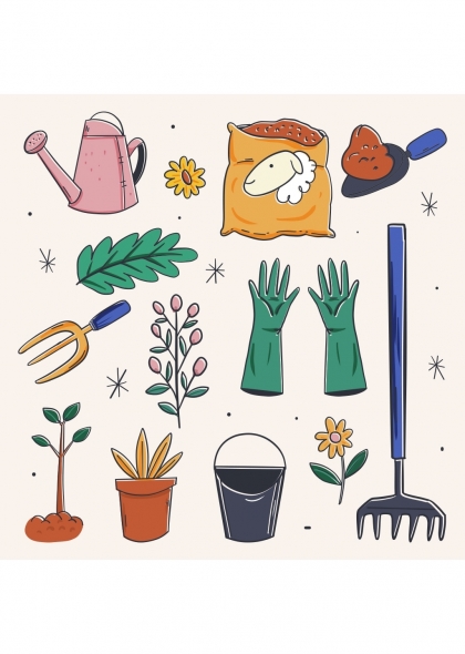园艺工具与植物插画免抠元素