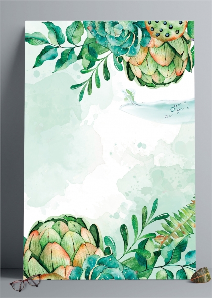 清新绿色植物与水果水彩插画背景