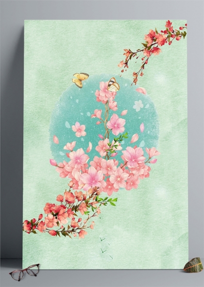 春日花海蝴蝶飞舞浪漫插画背景