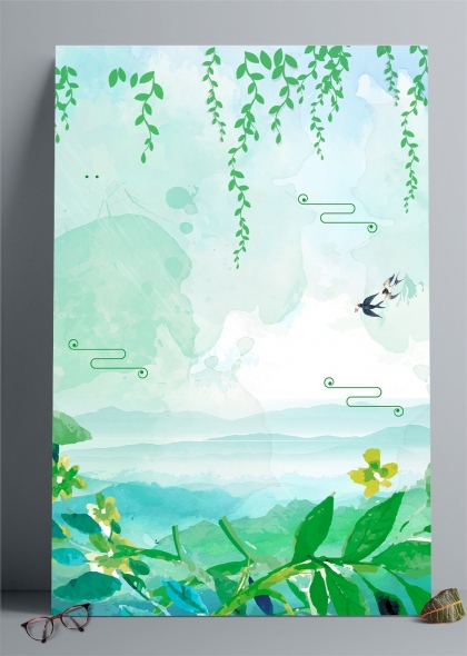 春天柳枝燕子飞山水田园插画背景