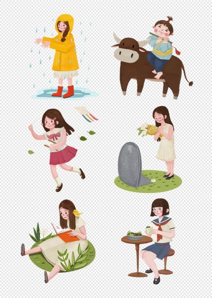 清明节雨中放风筝牧童骑牛扫墓插画元素