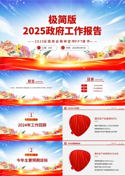 2025政府工作报告极简版两会精神宣传PPT模板