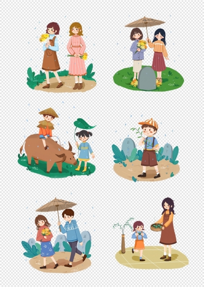 清明节祭祖扫墓插画元素青团牧童雨中场景