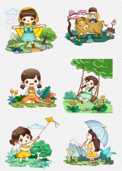 清明节放风筝牧童骑牛踏青插画元素