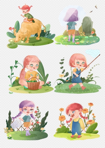 清明节牧童骑牛扫墓踏青插画元素