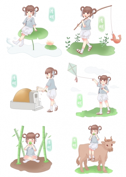 清明节青团风筝牧童祭祖插画元素