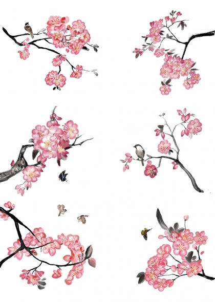 桃花枝头小鸟春日自然美景免抠元素