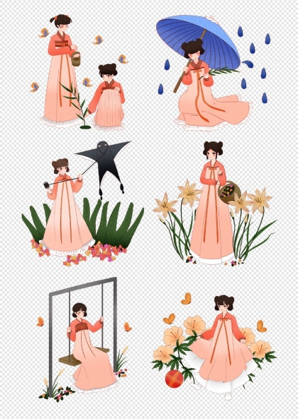 古装女子与风筝蝴蝶花伞秋千传统节日元素