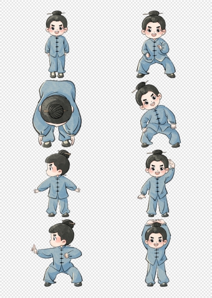 八段锦Q版道士人物养生锻炼元素插画