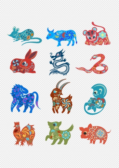 十二生肖彩色剪纸花纹图案元素