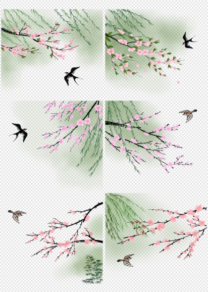 桃花柳枝燕子春天自然美景元素