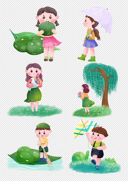 吃青團放風箏踏青清明節(jié)卡通人物元素插畫